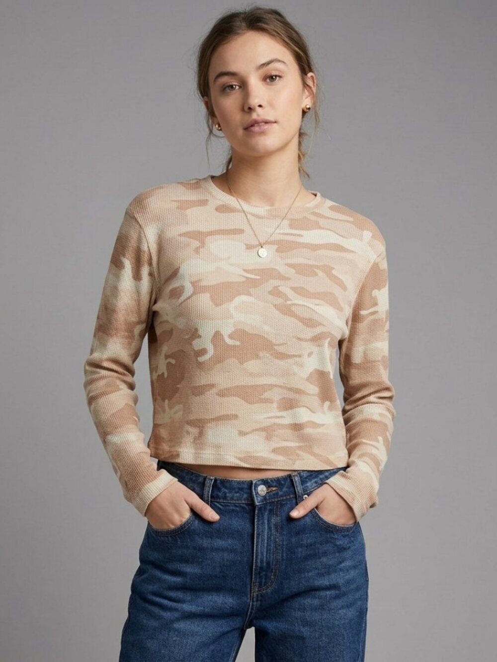 Anthropologie RD Style Pink Camo Waffle Top